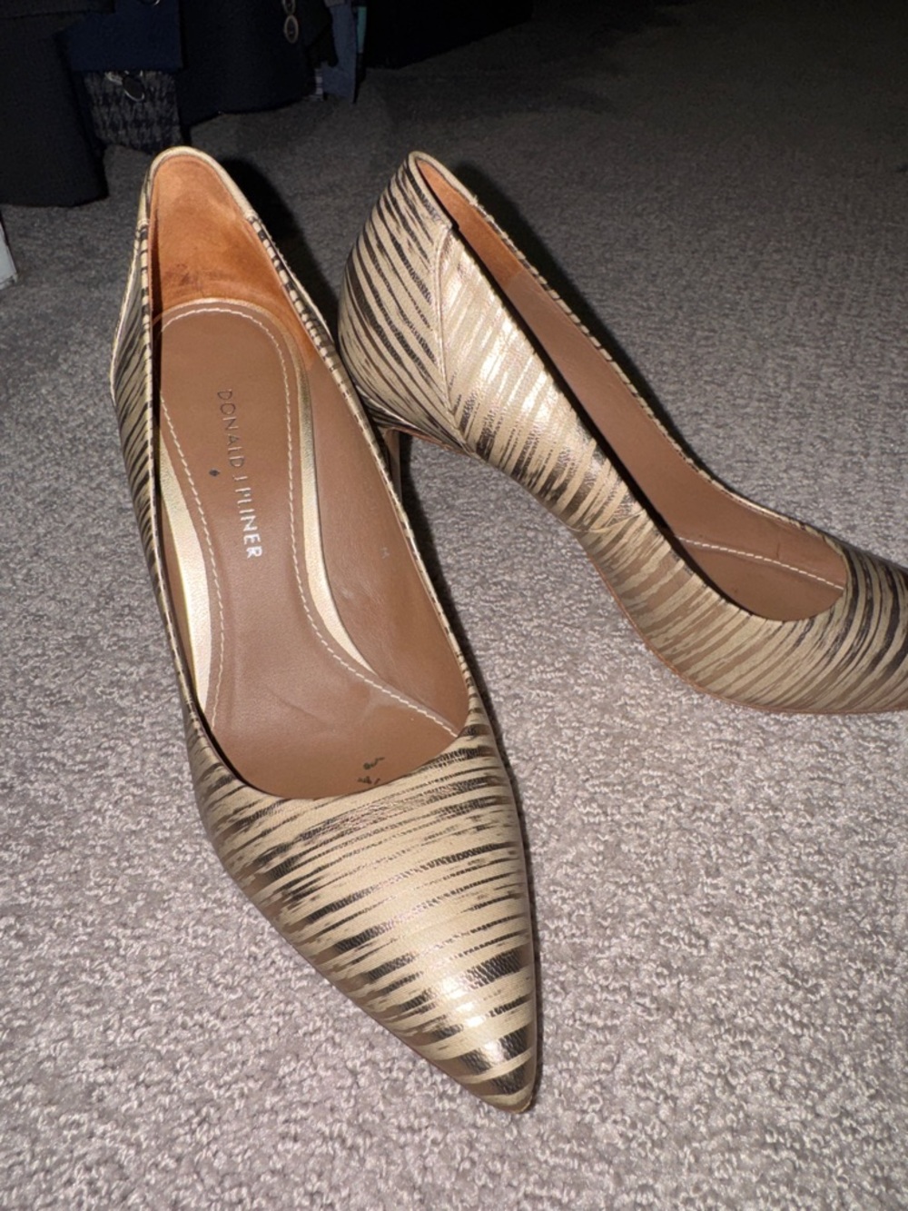 Donald J. Pliner Taupe and Metallic Stripe Pointed Toe Pumps